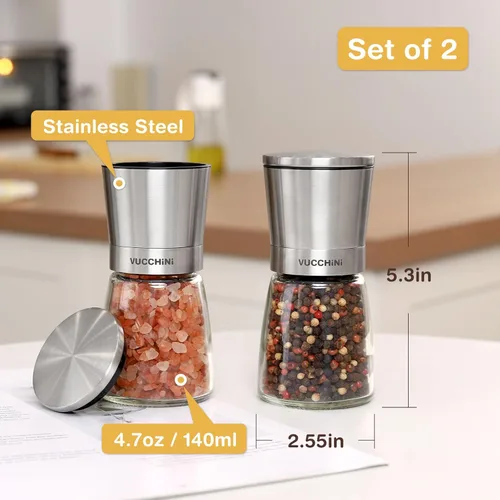 Miniatura 4 de VUCCHINI Juego de molinillo de sal y pimienta, molinillos de cerámica ajustables de acero inoxidable para mesa de cocina, color acero inoxidable