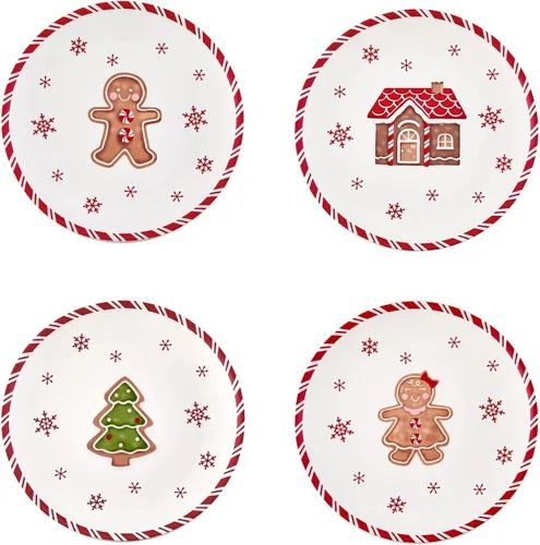 Miniatura 10 de Bico Juego de 4 platos de ensalada de gnomos de Navidad, platos de postre de cerámica de 8.75 pulgadas para ensalada, aperitivo, guarniciones