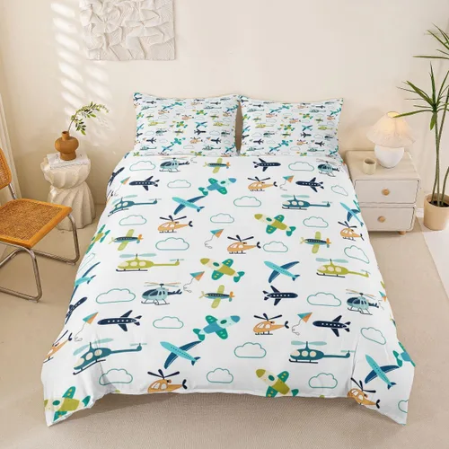 Miniatura 19 de Erosebridal Funda de edredón de avión tamaño individual, juego de ropa de cama de aviones de dibujos animados para adolescentes, color verde azulado