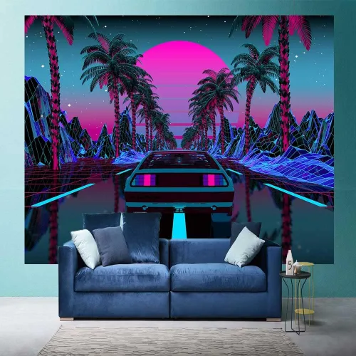 Miniatura 10 de Ine Ive Tapiz de coche de los años 80, escena urbana de la calle, palmeras, puesta de sol, cielo estrellado, tapiz de pared punk, 40 x 30 pulgadas