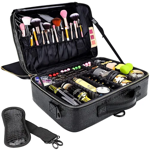 Miniatura 10 de Gzcz Estuche de viaje para maquillaje, profesional, 16 pulgadas, gran capacidad, organizador de brochas, portátil, para artistas, divisores Negro