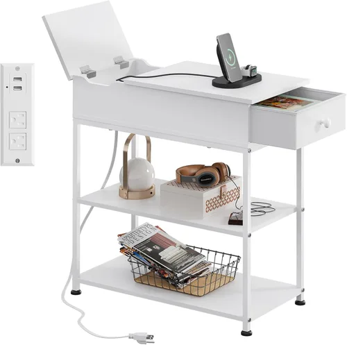 Miniatura 11 de WLIVE Mesa auxiliar estrecha con 2 puertos USB y 2 tomacorrientes, mesa auxiliar negra con cajón y estantes de almacenamiento, mesita de noche