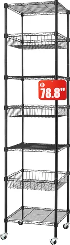 Miniatura 9 de Finnhomy Estantería de Alambre de Servicio Pesado de 7 Niveles con Ruedas de 18 x 18 x 78.8 pulgadas, 7 Estantes, Rack de Almacenamiento de Metal