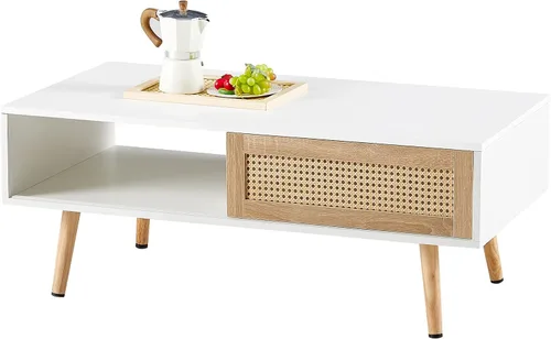 Miniatura 4 de AMNOOL Mesa auxiliar rectangular de ratán de 41.34 pulgadas, mesa central de madera para sofá, puerta corrediza, patas de madera maciza, se puede