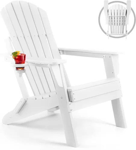 FUNBERRY Silla plegable Adirondack, sillas para fogatas de todo clima de HDPE con portavasos para exterior Blanco