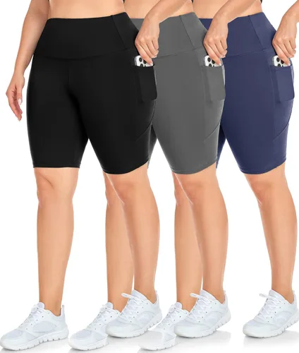 Miniatura 13 de NEW YOUNG Paquete de 3 pantalones cortos de ciclismo de talla grande con bolsillos para mujer, pantalones cortos de entrenamiento de cintura alta