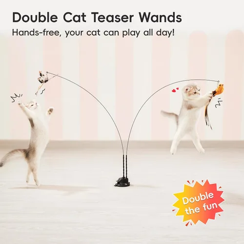 Miniatura 3 de Potaroma Juguete interactivo de varita para gatos con ventosa, doble varita para gatos de interior con 5 accesorios de bolas de plumas, base