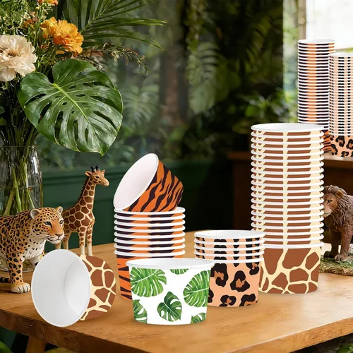 Miniatura 5 de 120 tazas desechables de 12 onzas de helado de animales de safari en la selva, leopardo, tigre, cebra, jirafa, papel con estampado de jirafa