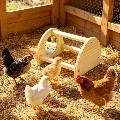 Miniatura 6 de Perca de pollo de pino con espejo, barra de gallo fuerte para pollitos de la selva, juguetes de pollo para gallinero y criador, juguetes de perca