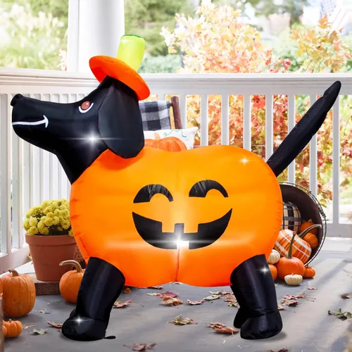 Miniatura 2 de Decoración inflable de calabaza para perro de 4 pies de largo con luces LED, calabaza salchicha de calabaza, decoración inflable para exteriores