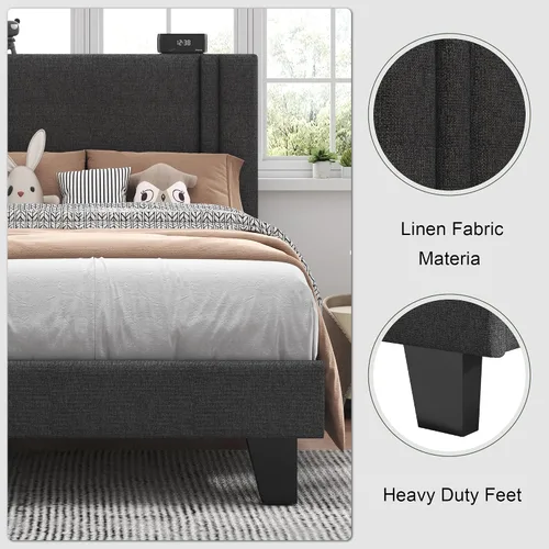 Miniatura 4 de Feonase - Base de cama de tamaño individual con plataforma tapizada, base de cama tapizada con respaldo abatible, listones de madera maciza y Gris