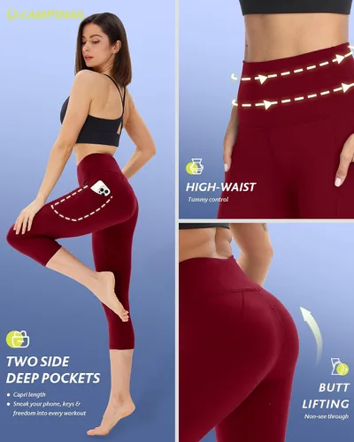 Miniatura 3 de Paquete de 4 leggings capri para mujer, pantalones capri de cintura alta, control de abdomen, pantalones de yoga con bolsillos, mallas de ciclismo