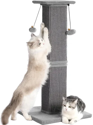 Poste rascador grande para gatos con base resistente, poste rascador cuadrado resistente de sisal de 33 pulgadas y 2 bolas interactivas para colgar