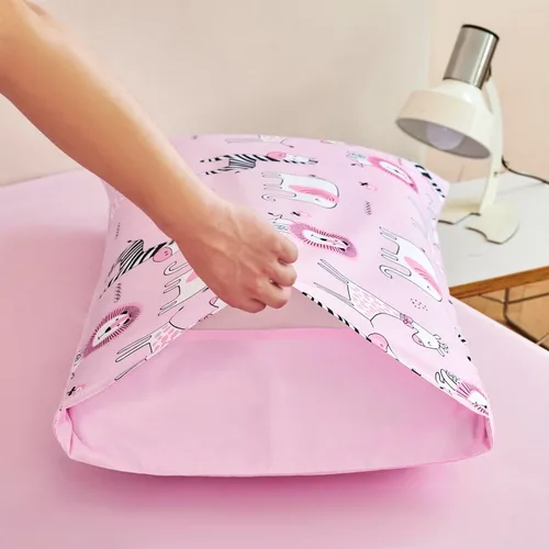 Miniatura 9 de URBONUR Juego de ropa de cama de 4 piezas para niños pequeños - Juego de edredón ultra suave con dibujos animados de animales del zoológico rosa