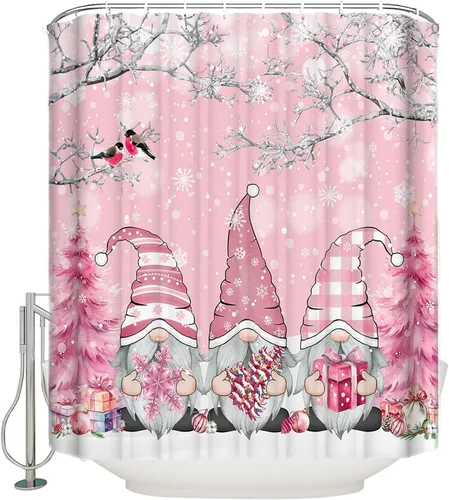 Miniatura 4 de Cortina de ducha de Navidad de fantasía, gnomos rosados, copos de nieve, ramas de árbol, impermeable, lavable, bohemio, divertido, lindo, juego