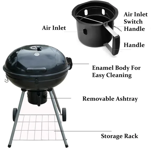 Miniatura 2 de Parrilla de carbón portátil de 22.5 pulgadas con ruedas, parrilla negra para barbacoa al aire libre - Ahumador de parrilla 2 en 1 con tapa esmaltada