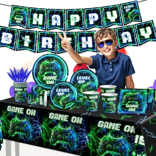Miniatura 2 de Suministros para fiesta de cumpleaños de videojuegos, 142 piezas de platos y servilletas de neón para videojuegos, mantel de plástico para niños