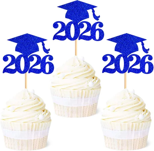 Miniatura 26 de Ercadio 36 piezas de tapa de graduación dorada con purpurina 2026 para magdalenas de clase de 2026, para preescolar, escuela secundaria, diploma