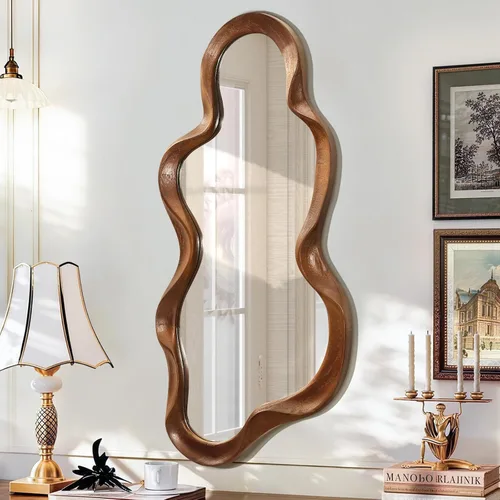 Miniatura 18 de Espejo asimétrico para decoración de pared, grande, moderno, ondulado, con marco de madera, espejo de pared con forma única montado en pared