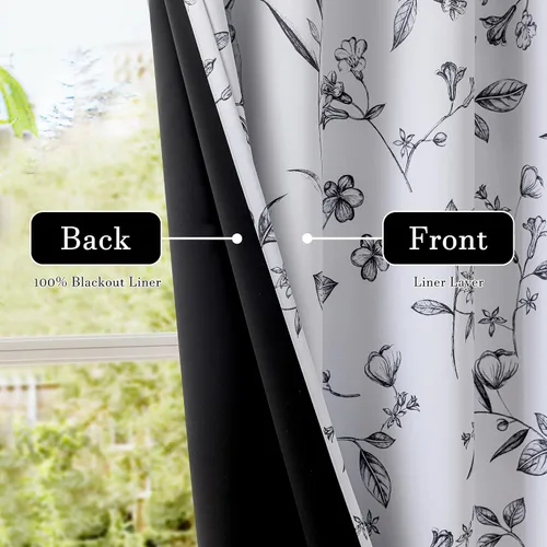 Miniatura 4 de ChrisDowa Cortinas florales 100% opacas de 63 pulgadas de largo, 2 paneles para dormitorio, sala de estar, estampado de flores negras
