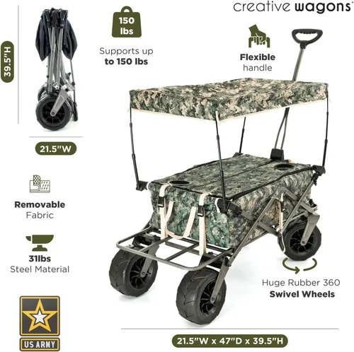 Miniatura 5 de Cochecito creativo para exteriores, carrito de playa XXL Deluxe con toldo, carrito plegable plegable y portátil, soporta hasta 200 libras de Ejército
