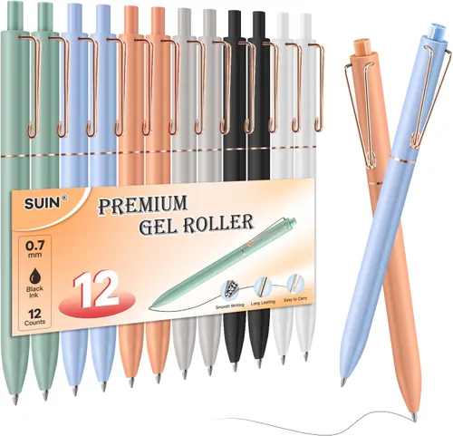 SUIN Bolígrafos de gel – Tinta negra de secado rápido de 0.028 in, bolígrafos de gel retráctiles, punta fina media para una escritura suave, bonitos