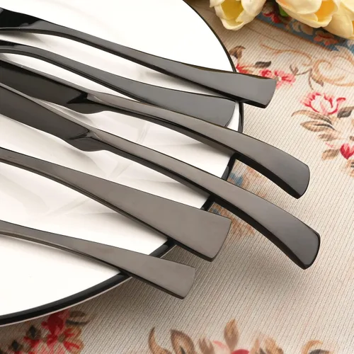 Miniatura 6 de Juego de cubiertos de acero inoxidable 304 de 20 piezas con cuchara de cuchillo para carne, color negro espejo, servicio para 4