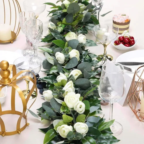 Miniatura 15 de Efavormart 6 pies Guirnalda de hojas de rosa de seda artificial verde de toque real, vid de follaje verde colgante flexible Tipo 13