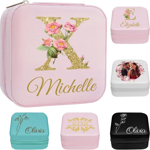 Miniatura 29 de Joyero personalizado para regalos de dama de honor, flor de nacimiento, inicial, joyería de viaje personalizada para mujeres, organizador de joyas