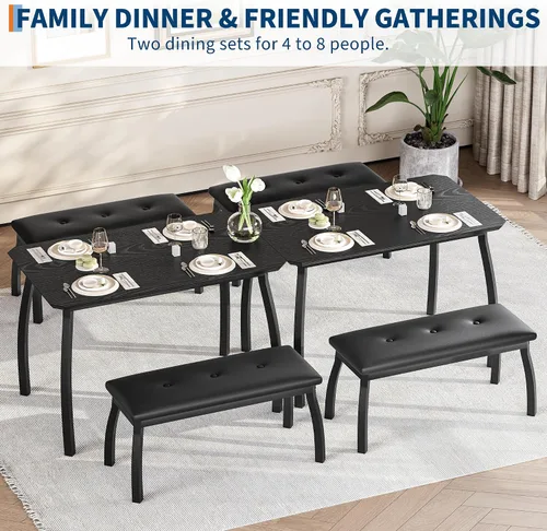 Miniatura 6 de Mesa de comedor para 4, juego de mesa de cocina de 3 piezas para 4 personas con mesa de madera y marco de metal, mesa de cocina industrial con 2