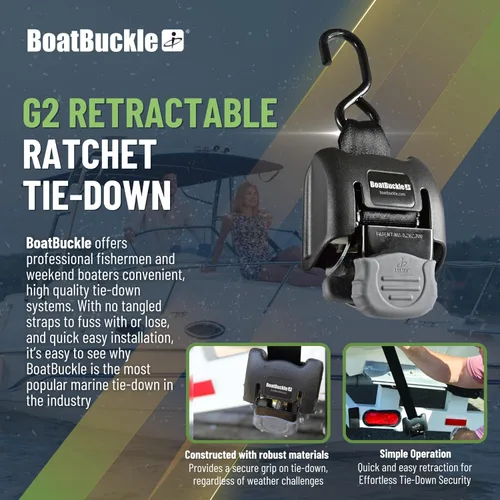 Miniatura 2 de BoatBuckle G2 Correas de amarre para popa de barco a remolque 2x43 pulgadas, 1134 kg de resistencia a la rotura, correas de trinquete retráctiles