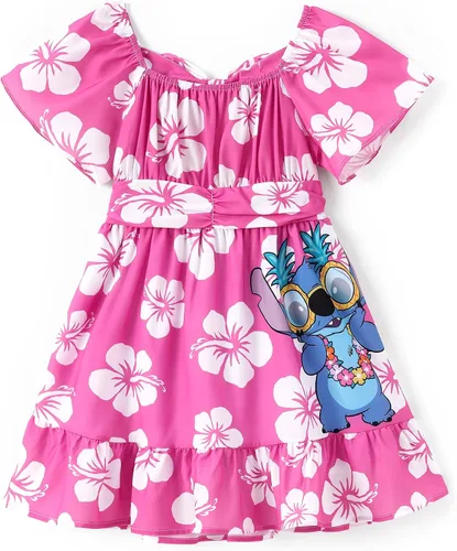 Miniatura 11 de Disney Stitch Minnie Frozen Elsa - Vestido de princesa sin espalda para niñas, hombros descubiertos, manga corta, cintura ceñida, ropa para niños