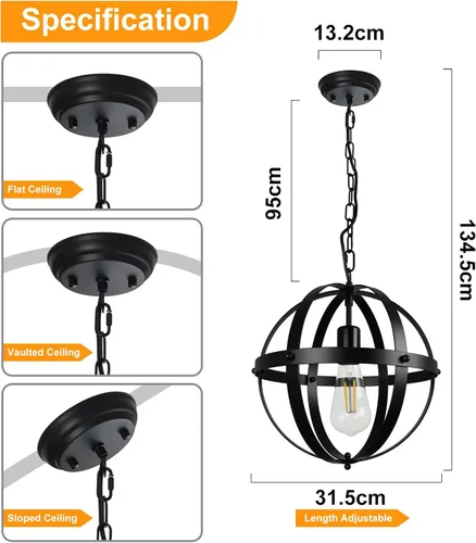 Miniatura 5 de DLLT - Lámpara colgante de globo vintage, negro mate, 1 luz, base E26, ideal para comedor, isla de cocina, sala de estar, oficina en casa