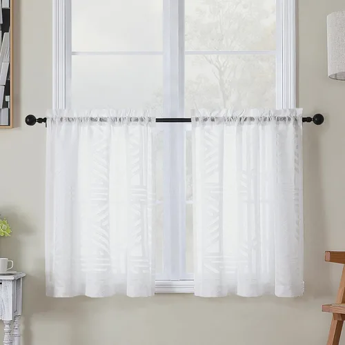 Miniatura 44 de Simplebrand Cortinas traslúcidas negras de cocina de 24 pulgadas de largo, 2 paneles, filtrado de luz, geométrico jacquard con textura, cortinas