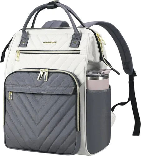 Miniatura 18 de VANKEAN Mochila para portátil de 17 pulgadas para mujeres y hombres, bolsa de trabajo de computadora de moda, Beige-café, 15,6 pulg., Moda