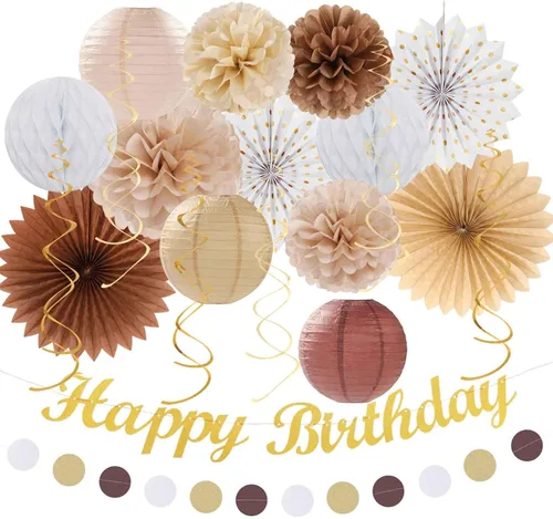 Miniatura 18 de Decoraciones de Fiesta de Cumpleaños Boho de Otoño Dorado Champán Beige - 21 piezas Pancarta Feliz Retro Neutral de Otoño, Girl One Sweet Peach