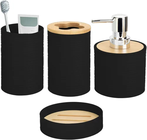 Miniatura 12 de Juego de accesorios de baño de bambú de 4 piezas, juego de accesorios de baño con dispensador de jabón y soporte para cepillos de dientes, jabonera