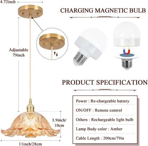 Miniatura 2 de Lámpara Colgante a Batería, Candelabro Ámbar Bombilla de Luz RGB 2500mAh 11 Pulgadas Accesorios de Luz Vintage con Control Remoto Candelabro Flor