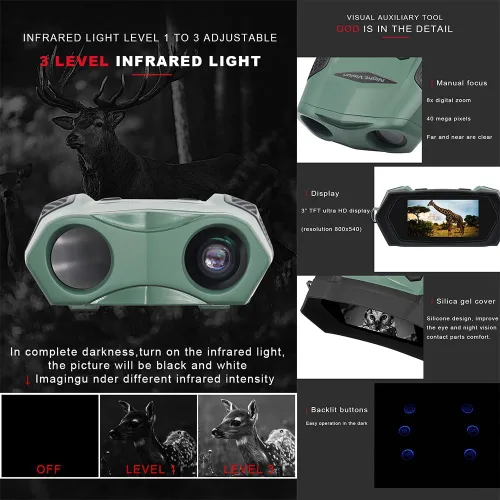 Miniatura 2 de Nuevo modelo de gafas de visión nocturna, binoculares con zoom digital 8X para adultos, diseño ergonómico curvado y botones retroiluminados