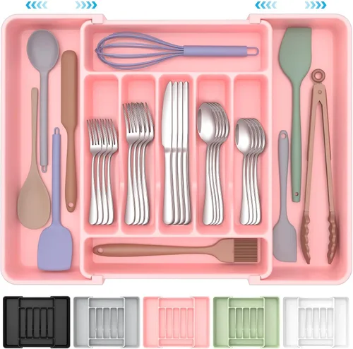 ukeetap Organizador de cubiertos expandible extragrande, sin BPA, apto para alimentos, organizador de cajones de utensilios de cocina, soporte Rosa