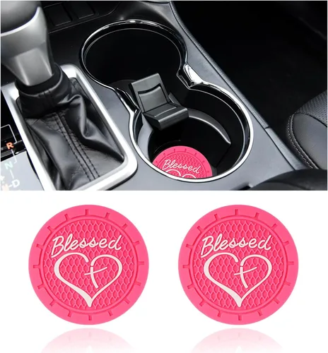 Miniatura 15 de Dickno 2 piezas posavasos para portavasos de automóvil, 2.76 pulgadas cruz bendita y corazón tapete de bebida cristiano, PVC suave antideslizante a