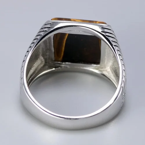 Miniatura 5 de Anillo de plata para hombre Piedra natural de ojos de tigre Anillo turco Anillo retro grabado geométrico por Fantasy World, Metal precioso, ojo