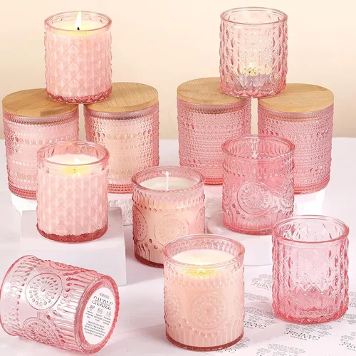 Miniatura 8 de DARJEN Paquete de 12 tarros de vela de ámbar para hacer velas - 3 estilos de tarros de vidrio para hacer velas a granel con tapas de bambú