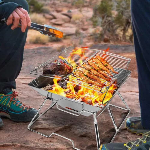 Miniatura 8 de Odoland Parrilla plegable para fogata, parrilla de acero inoxidable 304, parrilla de camping portátil con patas para pícnics, mochileros, al aire