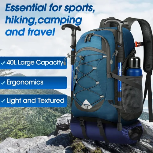 Miniatura 7 de IGOLUMON Mochila de senderismo de 40 L, plegable, ligera, mochila de camping para hombres y mujeres, impermeable, mochila de senderismo al aire Azul