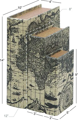 Miniatura 7 de Deco 79 Caja decorativa de madera con forma de libro de imitación con cubierta de mapa del mundo, juego de 3 cajas decorativas de recuerdo de 14