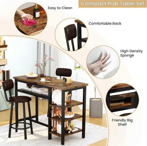 Miniatura 7 de Recaceik Juego de mesa de comedor de bar de 47 pulgadas para 2, juego de mesa de bar y sillas de 3 piezas, juego de mesa de comedor de altura