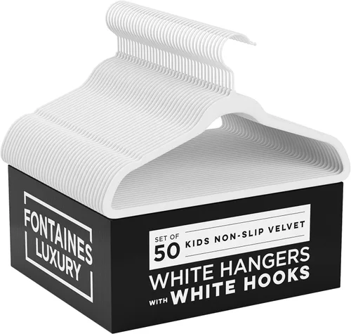 Fontaines - Perchas antideslizantes de fieltro de terciopelo blanco para niños, 50 unidades, ultra delgadas y ahorran espacio, gancho negro