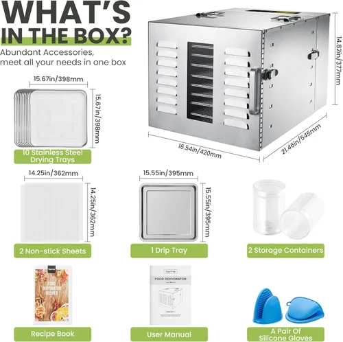 Miniatura 4 de Máquina deshidratadora de alimentos de 10 bandejas comerciales para cecina y hierbas, área utilizable de hasta 24.65 pies² y temperatura de 194℉
