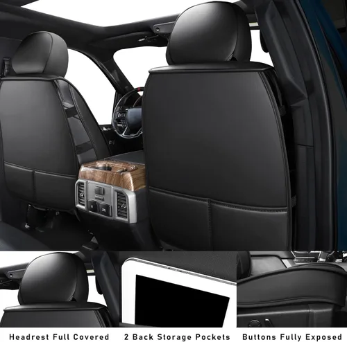 Miniatura 4 de Fundas de asiento de piel sintética de lichi de alta calidad compatibles con Ford F-150 2009-2025, protector de cojín grueso sin laterales para Negro